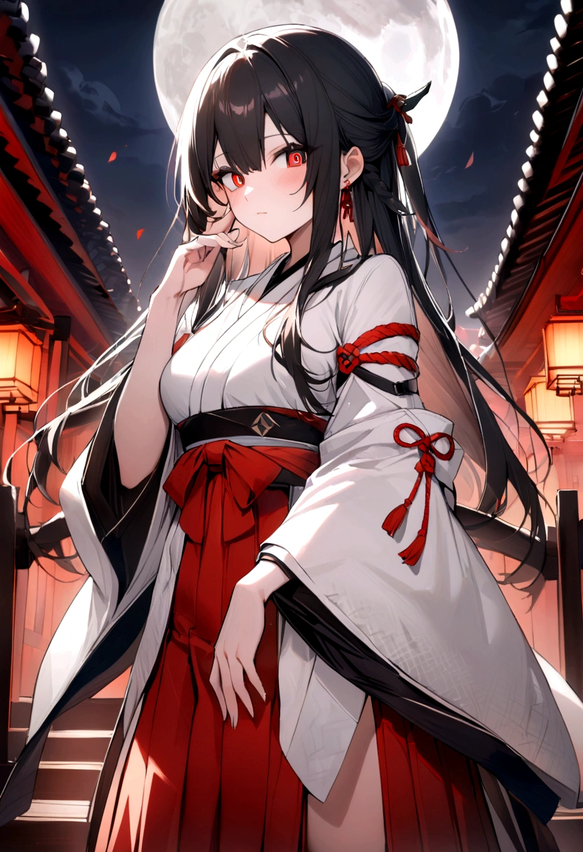 Highest quality, masterpiece, High resolution, , 10th Generation, beautiful girl, alone, {White kimono:1.35}, {Red hakama:1.35}, {Wide sleeves:1.20}, Arknights, warrior, Thighs, Upper arms,Banknote in right hand, Full moon in the background, Black Hair, Sharp Eyes,