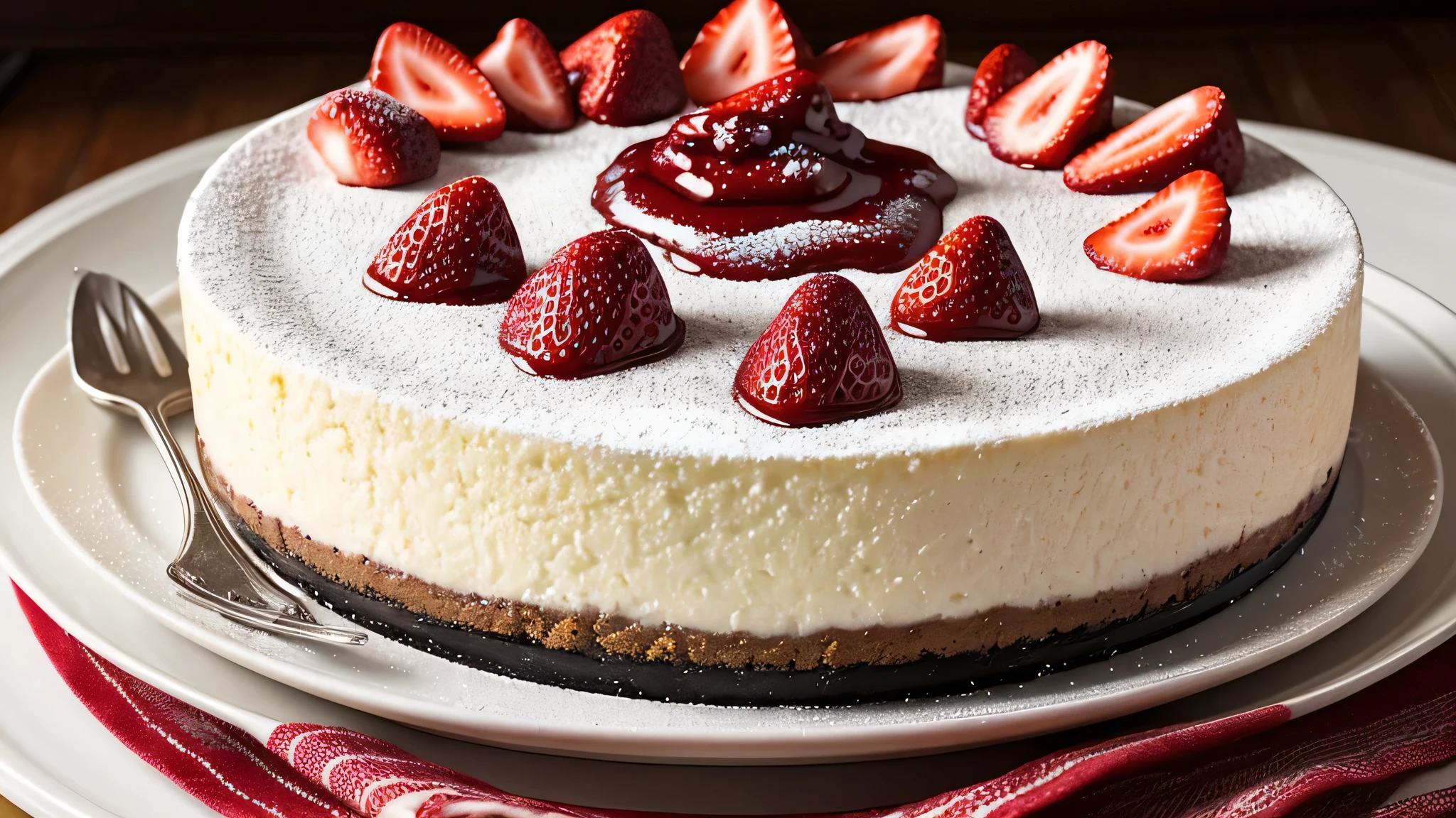 photorealistic image, trending on Pinterest, New York-style cheesecake adorned with a generous layer of strawberry compote and a dusting of powdered sugar