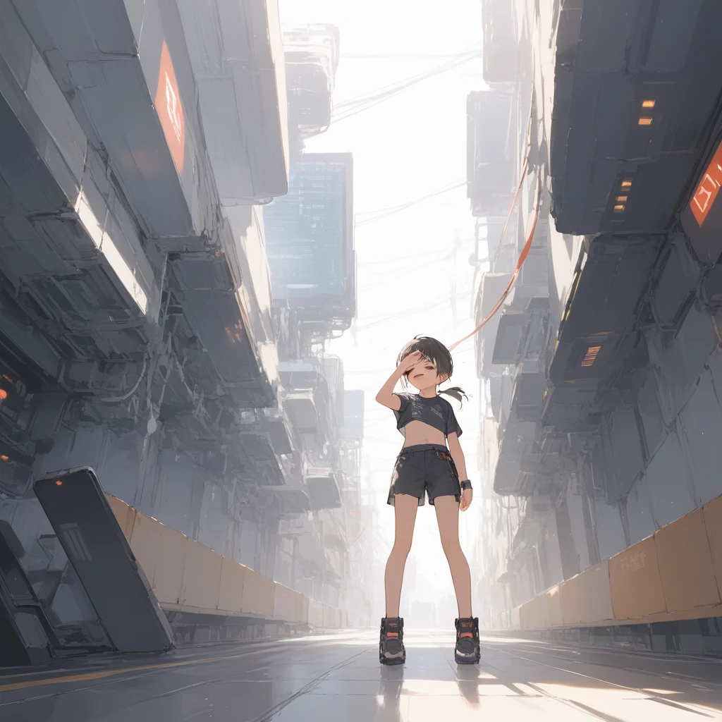 score_9, score_8_up, score_7_up, source_anime, best quality, masterpiece, official art, absurdres, highres, ultra-detailed,waifu2x,Collection: Slice of Life,break,1girl, cyborg girl, briliant azure eyes, crop top cyborg armor, futuristic headset, futuristic tech, mindcontrol device installed on head, yes covered with tech, tomboy, tanned-skinned female, short hair, low ponytail, flat chest, beautiful detailed eyes, sweat, open mouth, (yawn:0.3), sleepily, standing, futuristic city, wind, break, from bellow, full body view, (clear line illustration:1.2),very high resolution, very aesthetic, super detailed skin, Best sexual lighting powered by famous artist, 8k,cute picture,beauty illustration,photoshop_(medium),,(Detailed Lighting),best anime 8k konachan wallpaper, pixiv contest winner,