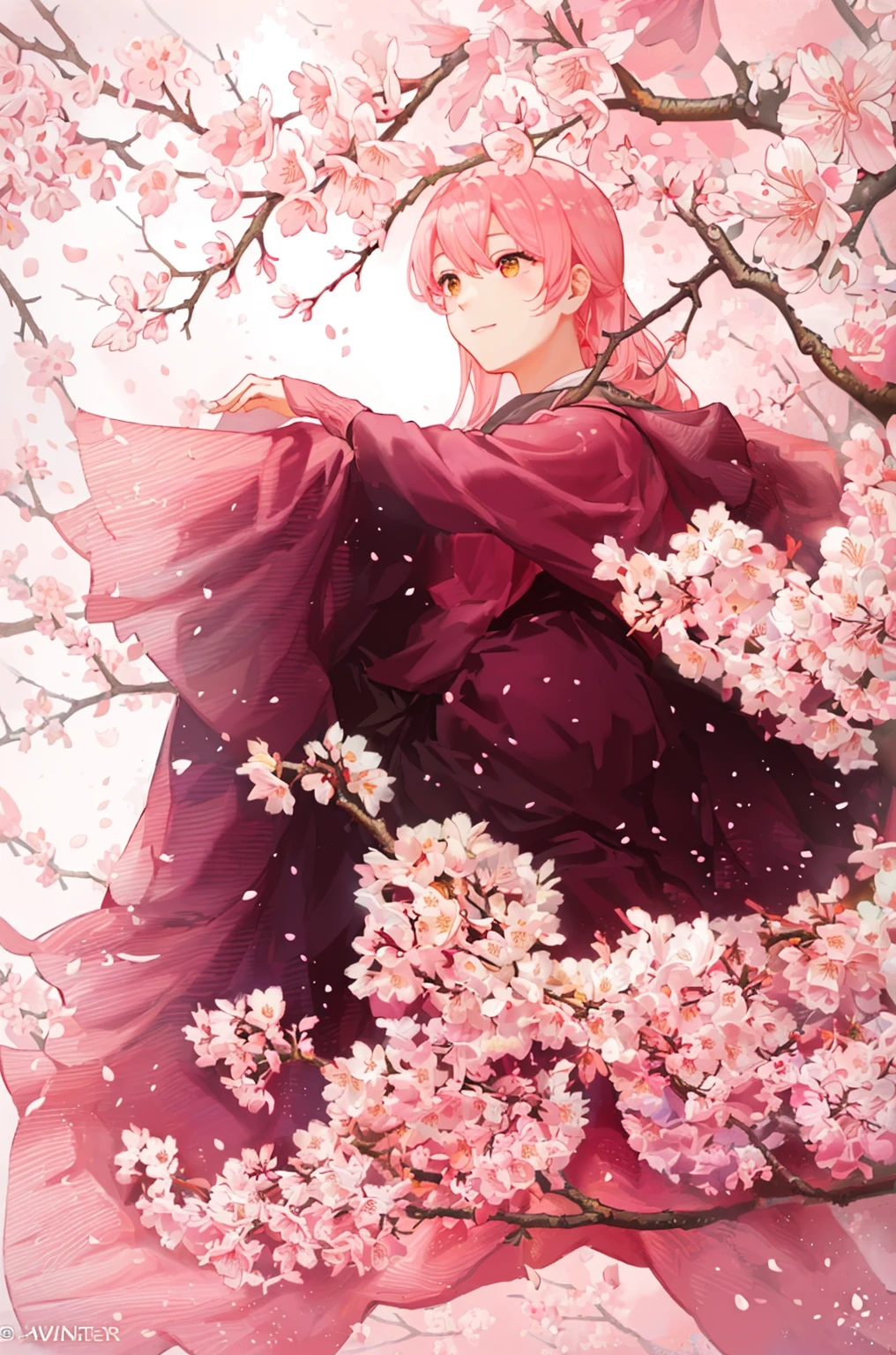 A bird is sitting on a cherry blossom branch, Cherry Blossom, Cherry Blossom, Cherry tree in the background, sakura season, Cherry Blossom, sakura blooming on background, Cherry Blossom, Cherry Blossom, Lots of Cherry Blossoms, Green Grass々and Cherry Blossoms, Cherry tree, green々Cherry tree, Cherry Blossom falling, Cherry blossoms bloom, Dynamic lighting during cherry blossom season, under a Cherry Blossom tree、Weeping cherry、Weeping cherry tree、Warbler