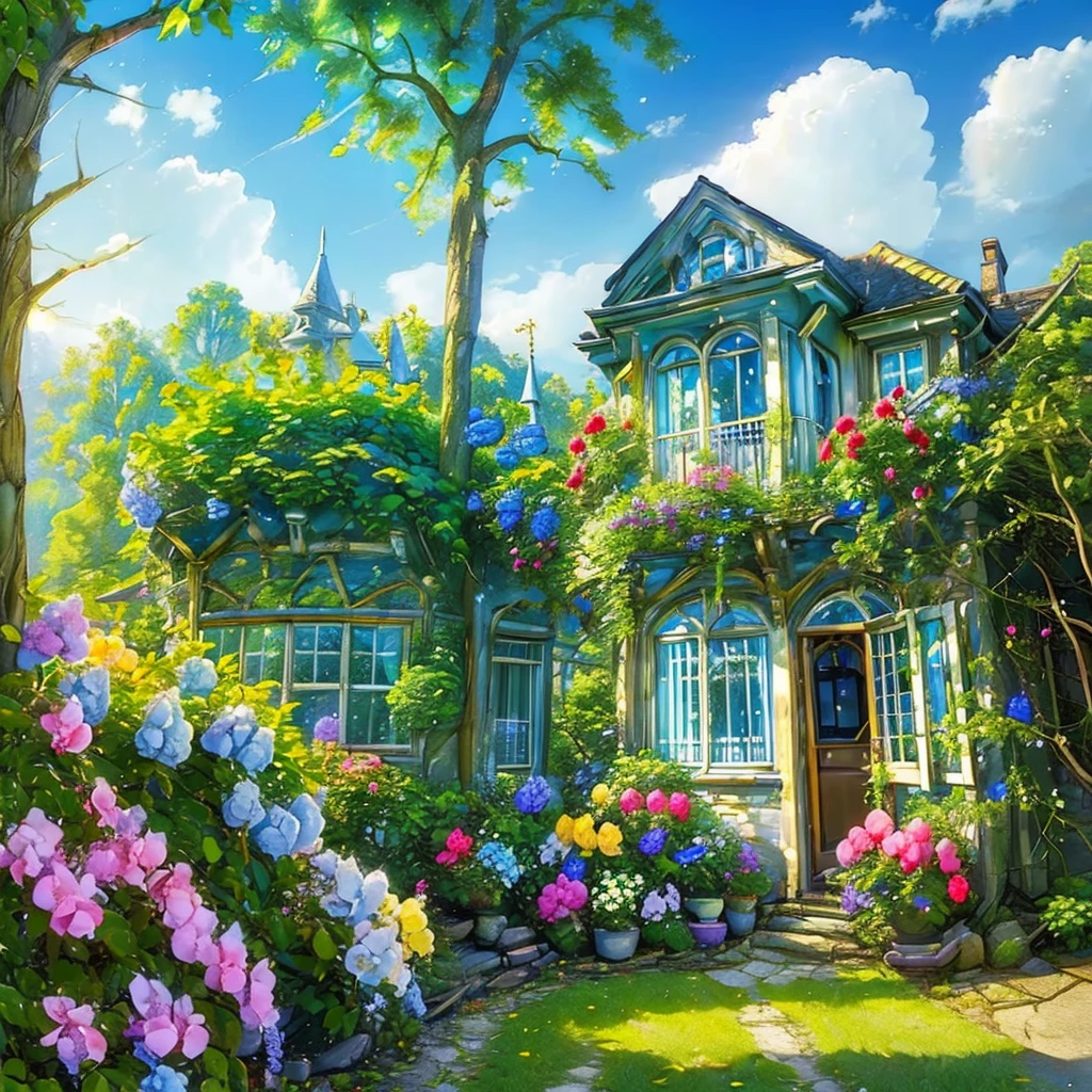 (((masterpiece))), (((best quality))), A magical dorm room, front view, blue sky, colorful hydrangea, trees, ivy, bush, classic interior