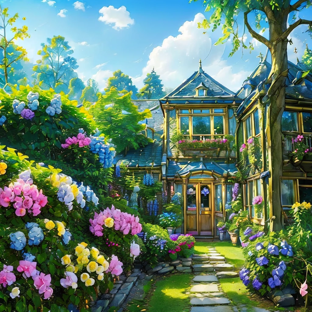 (((masterpiece))), (((best quality))), A magical dorm room, front view, blue sky, colorful hydrangea, trees, ivy, bush, classic interior