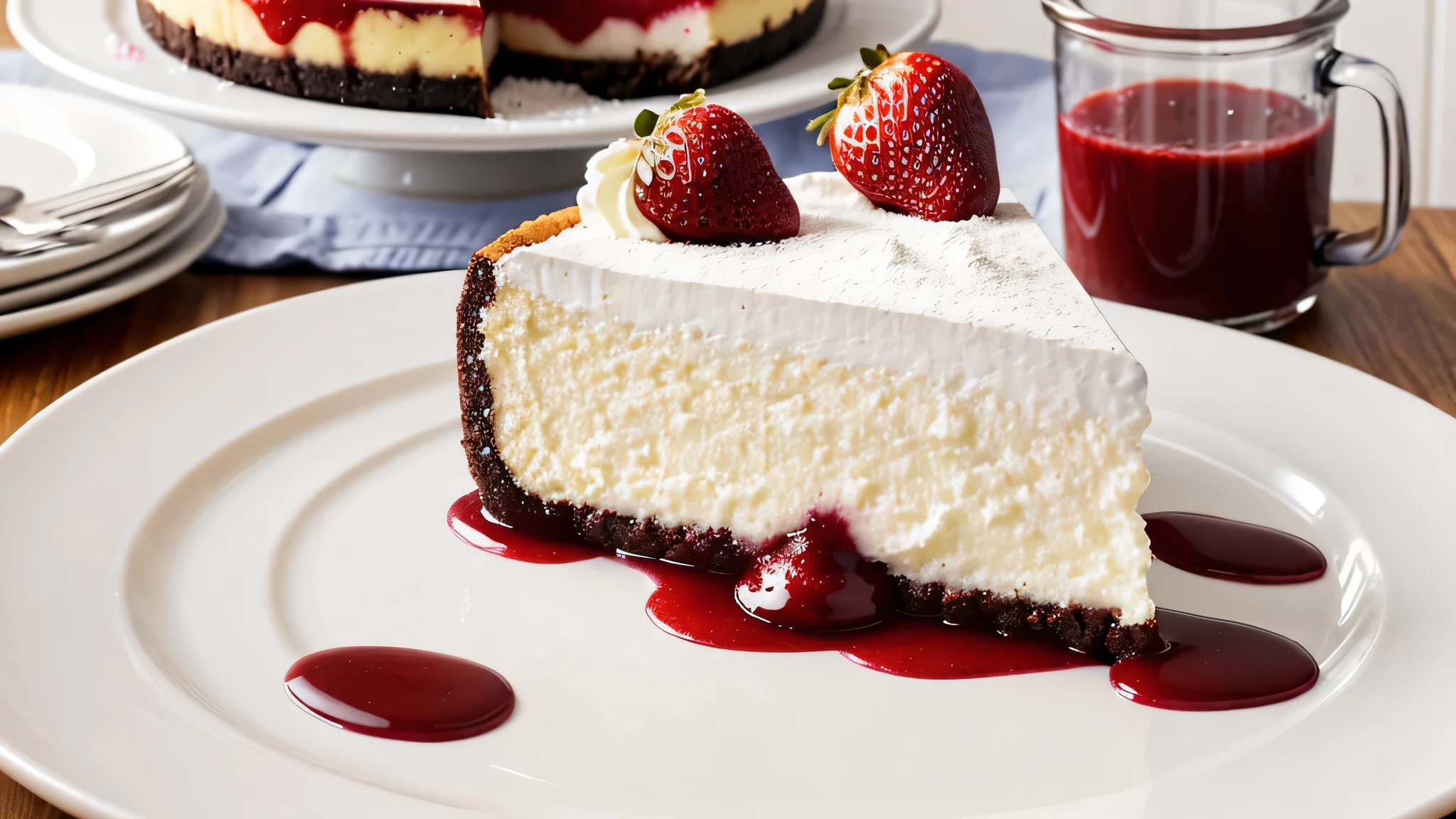 photorealistic image, trending on Pinterest, New York-style cheesecake adorned with a generous layer of strawberry compote and a dusting of powdered sugar