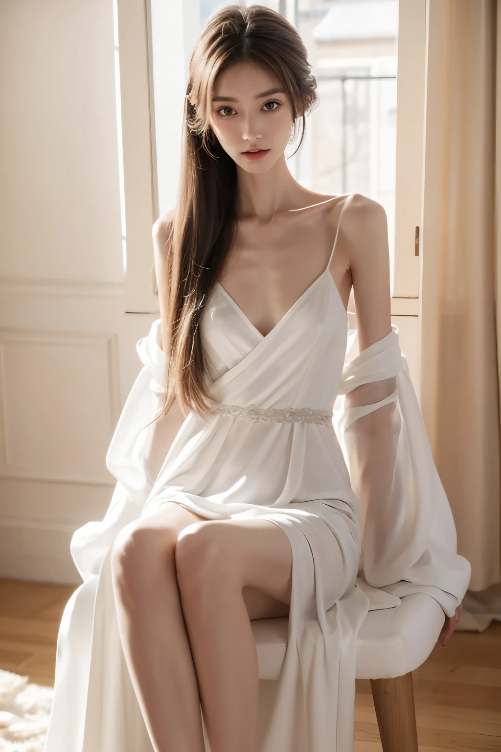 (Photorealistic),(Masterpiece),(ultra-detailed),a close shot of a tall very beautiful and extremely thin girl who is literally just skin and bones because of being severely malnourished and looks so fragile and delicate and has large expressive eyes and very small head, can see all her bones,she has very small and thin body frame and legs,extremely slender build, sitting on a chair, wearing a long white full loose silky flowing dress like a fairy, a waistband on the dress