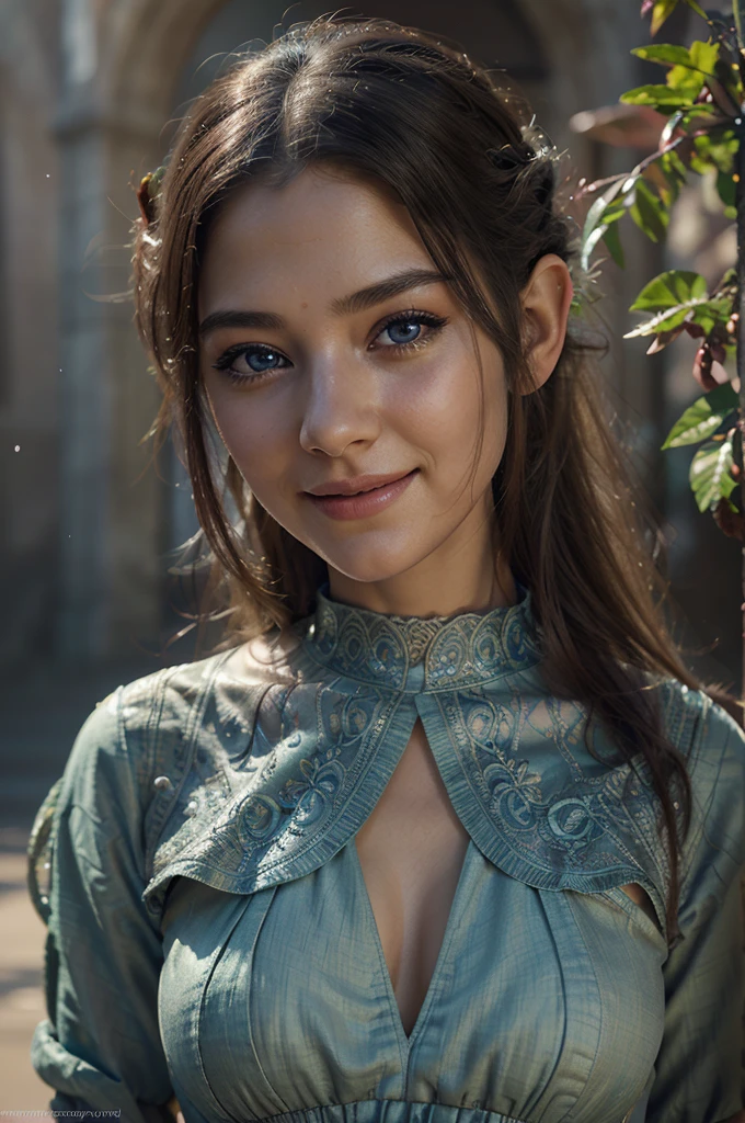beautiful elven girl, beautiful detailed eyes, beautiful detailed lips, extremely detailed face, long eyelashes, beautiful wonderfuldress, shy expression, kind expression, smiling, intricate details, cinematic lighting, vibrant colors, fantasy, digital painting, 8k, highly detailed, masterpiece, photorealistic, concept art