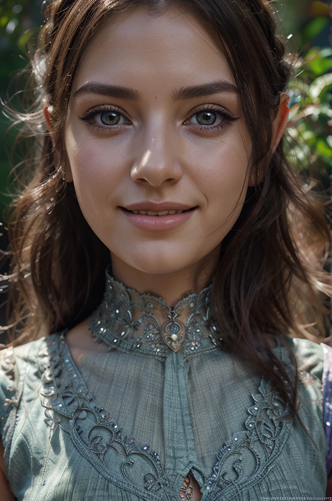 beautiful elven girl, beautiful detailed eyes, beautiful detailed lips, extremely detailed face, long eyelashes, beautiful wonderfuldress, shy expression, kind expression, smiling, intricate details, cinematic lighting, vibrant colors, fantasy, digital painting, 8k, highly detailed, masterpiece, photorealistic, concept art