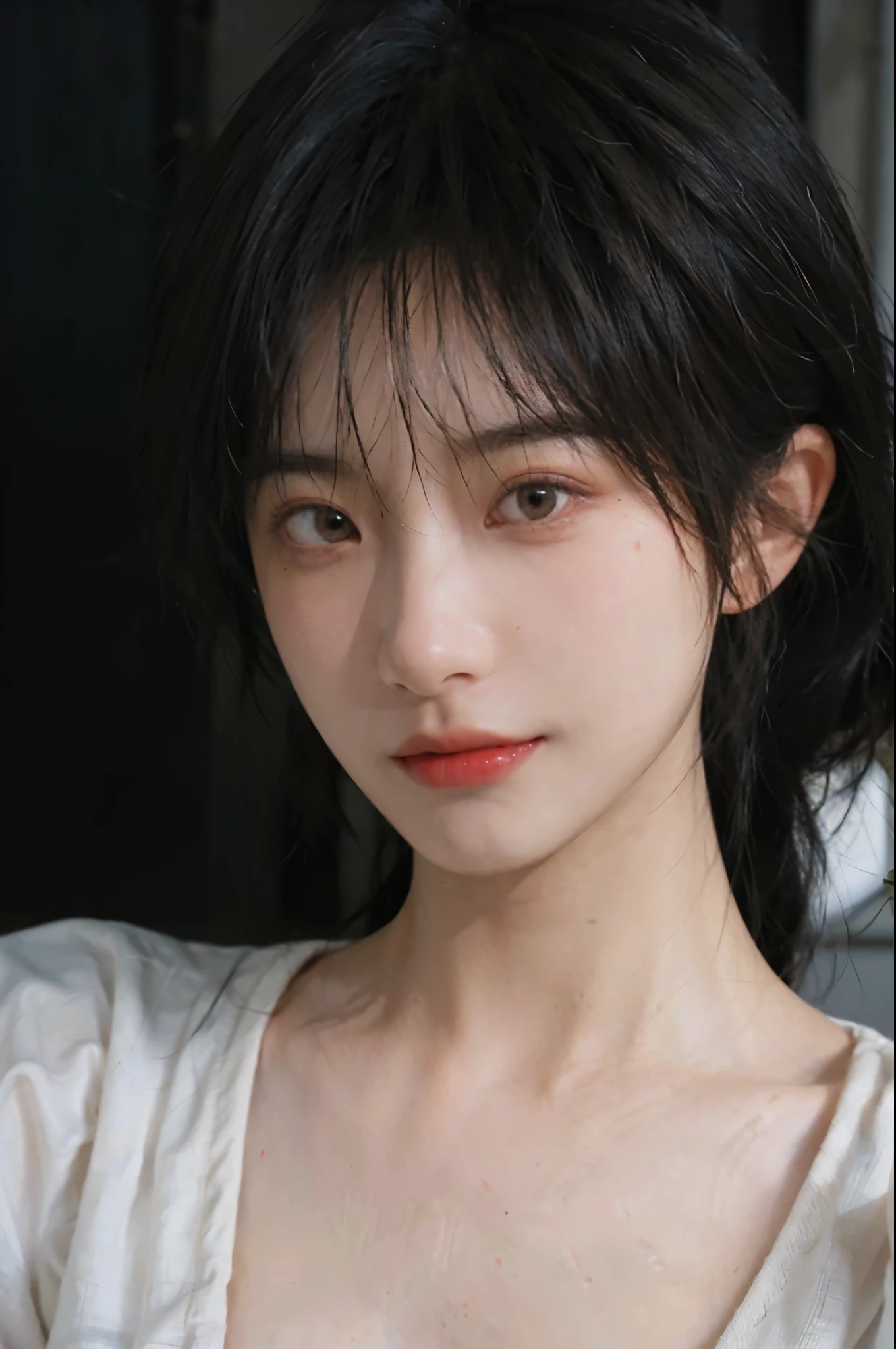 1 girl,model,short hair,A faint smile,serene, calm,Moles under the eyes,Exquisite eyes, Delicate face,Lipstick,earrings,Hair details, dress,(Dress conservatively:1.3)(Large Breasts:1.2),outdoor,background,城市background,(Skin details:1.4),(Realistic and detailed eyes:1.2), Natural skin texture, Realistic facial details,Close-up of face,Portrait Photography,(Portrait Photography:1.1), (smooth skin textures:1.3), (Highest quality real skin textures:1.4), Direct vision,Soft dramatic lighting, Vivid details, 35 mm film, (Photo Practical:1.4), (hyper Practical:1.4), (Practical:1.3), (Smoother lighting:1.05), (Improve lighting quality:0.9), (Enhance the beauty of skin texture:1.1), Depth of Field, Bokeh, Surrealism, Ray Tracing, ( Surrealism, High Detail, Chiaroscuro, Ray Tracing, reflected light, Ultra HD, Ultra HD, masterpiece, Textured Skin, Super Detail, High Detail, high quality, best quality