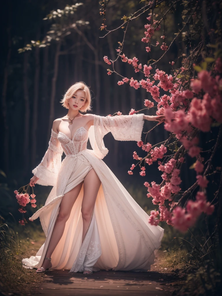 a beautiful young korean idol woman, 1girl, extremely detailed eyes, long eyelashes, beautiful detailed lips, flawless skin, elegant expression, intricate jewelry, detailed clothing, short bob blonde hair, cleavage, small breasts, (best quality,4K,8K,highres,masterpiece:1.2),ultra-detailed,(realistic,photorealistic,photo-realistic:1.37),studio lighting,HDR,vivid colors,professional photography