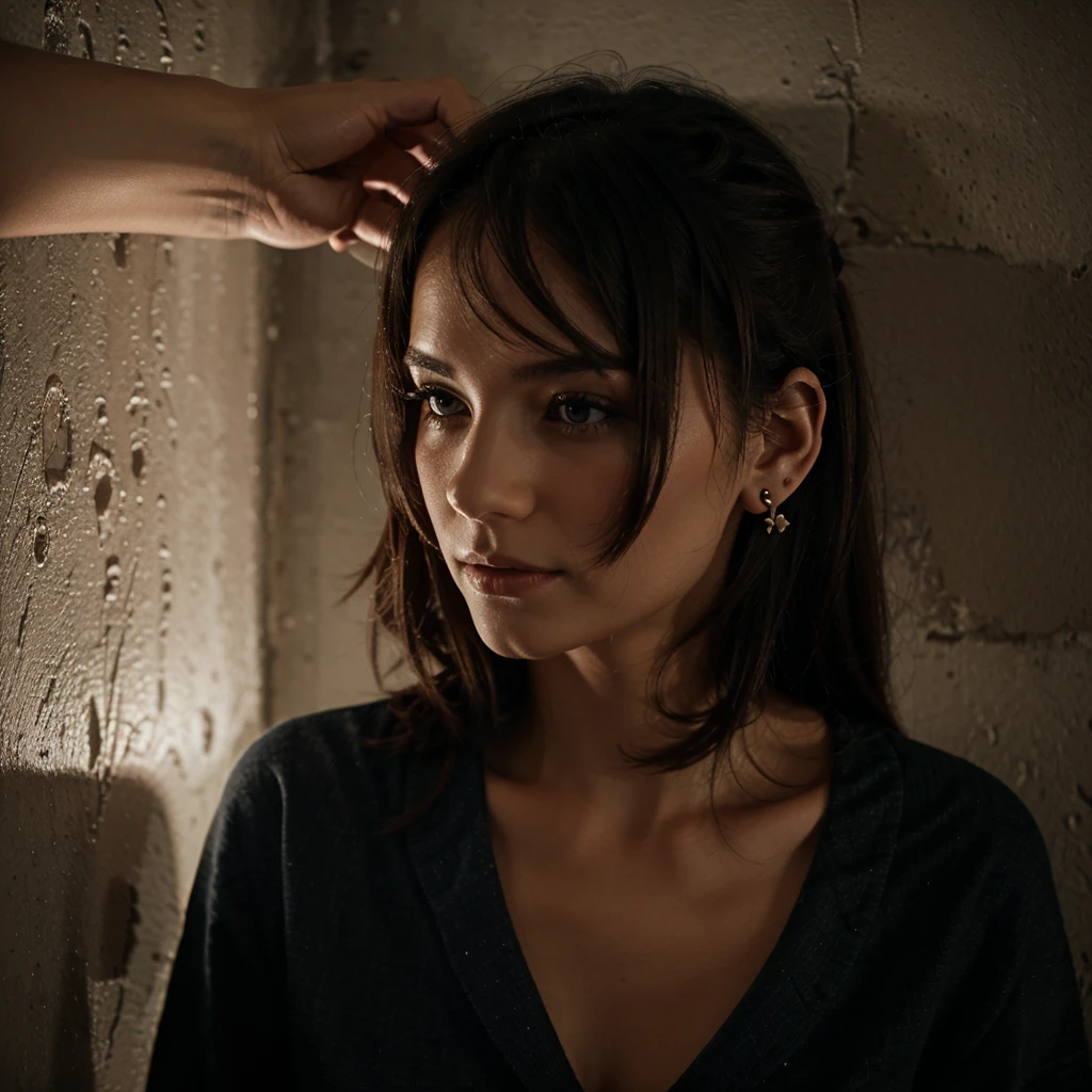 A woman at night with her ear agaonst thr wall listening to her neighbors