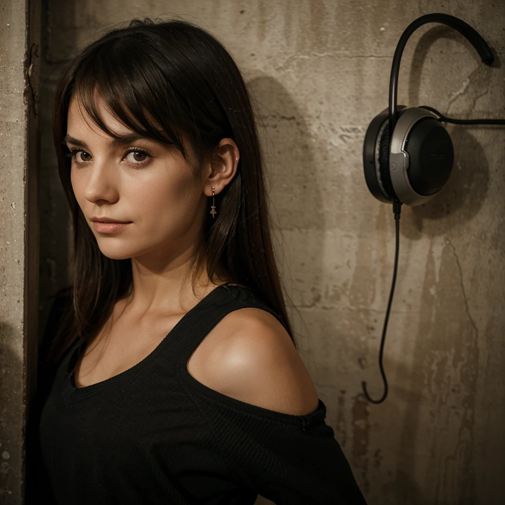 A woman at night with her ear agaonst thr wall listening to her neighbors