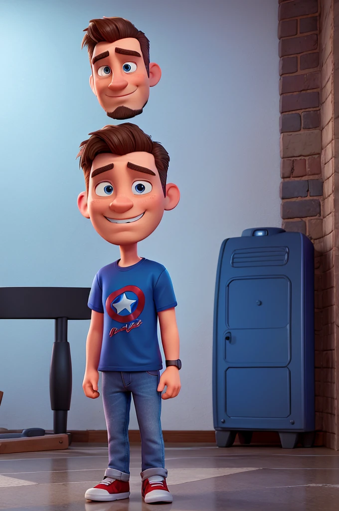 white man, 40 years old, with a poorly done goatee, short upturned hair, blue Captain America t-shirt, jeans, black sneakers, High definition, Pixar 3D Style, with a shy smile
