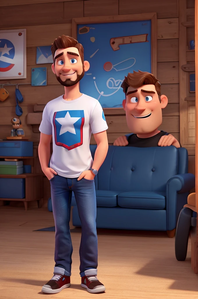 white man, 40 years old, with a poorly done goatee, short upturned hair, blue Captain America t-shirt, jeans, black sneakers, High definition, Pixar 3D Style, with a shy smile