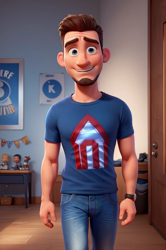 white man, 40 years old, with a poorly done goatee, short upturned hair, blue Captain America t-shirt, jeans, black sneakers, High definition, Pixar 3D Style, with a shy smile
