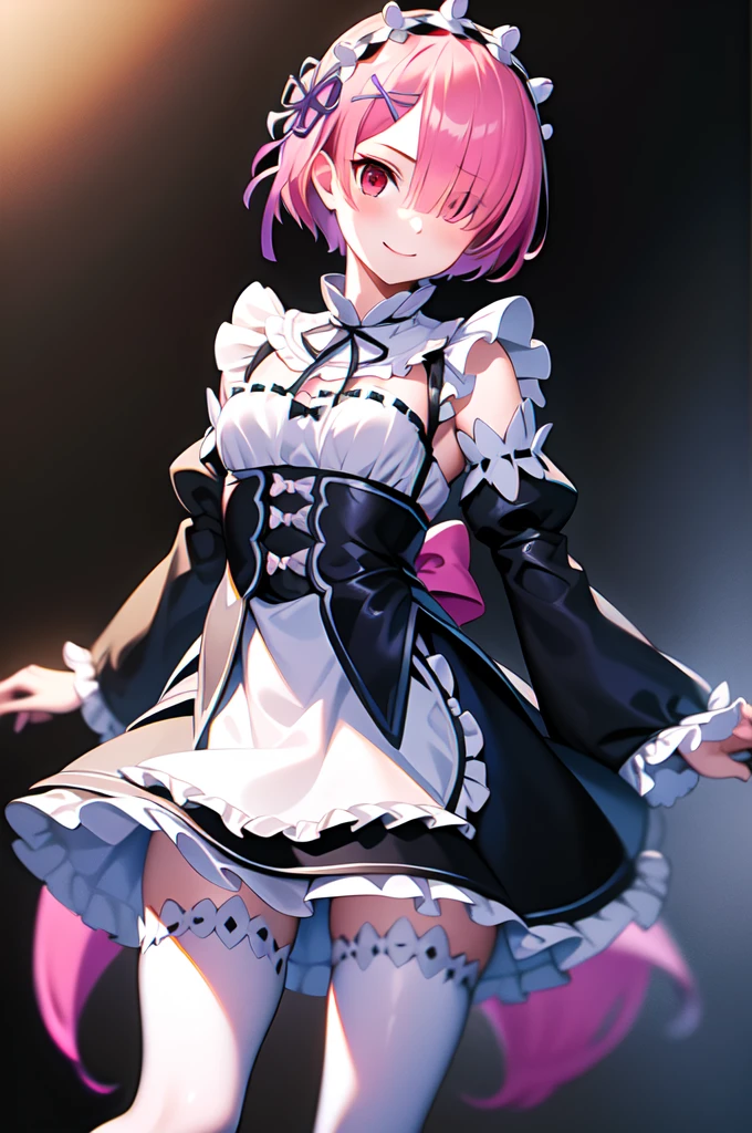1girl,solo,full body,standing,(beautiful fingers),masterpiece,best quality,(Ultra high definition eyes:1.2),8k,(Beautiful detailed eyes:1.2),(Fine and beautiful eyes:1.2),(pretty eyes:1.2),finely detail,extremely CG, absurdres,high resolution,illustration,Detailed and beautiful outlines,finely detail,high resolution,(colorful refraction:1.4,Increase saturation:1.2),beautiful lighting,dynamic lighting,closed room,black background,simple background, smile,looking at viewer,ram1,ram \(re:zero\), pink hair, white thighhighs, short hair, red eyes, hair over one eye, ribbon trim, hair ribbon, x hair ornament, frills, maid headdress, waist apron, garter straps, black ribbon, small breasts, long sleeves, white apron, neck ribbon, purple ribbon, wide sleeves, hair flower,