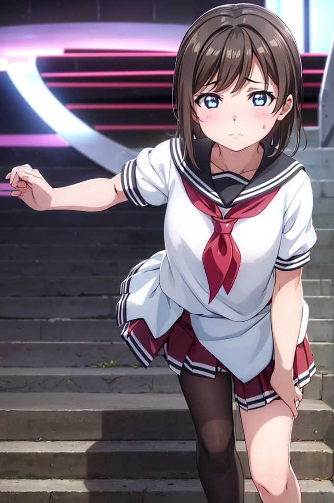 One girl,
(assist_Exposure:1.3),lift skirt
,Looking down at the viewer,{{{From below:1.2}}}, Very low angle shot, View From below},
Watanabe Yo, short hair, blue eyes, Brown Hair,
,break,
skirt, , Short sleeve, pleated skirt, Seraphim, socks, neckerchief, Knee-high, black socks, (red neckerchief:1.2), grey skirt, Uranohoshi Academy_uniform,
,break, 
despise ,Disgusted face, Disgusted face,Unpleasantness,Frowning,distress,Frowning,rage,,{{{Scary:1.5}}},((Open your mouth:1.1)), Looking down at the viewer, {{{Shadowed face}}}, masterpiece,Absurd, Beautifully detailed face,
‎
,Flat Chest,
,Looking at the audience, break,  masterpiece,Absurd, Beautifully detailed face,(Tabletop:1.2), Highest quality, High resolution, unity 8k wallpaper, (figure:0.8), (Beautiful attention to detail:1.6), Highly detailed face, Perfect lighting, Highly detailed CG, (Perfect hands, Perfect Anatomy),(skirtめくり:1.3), (ロールアップskirt:1.3)、(Full-fledged panties:1.5),(Pussy line,vagina)