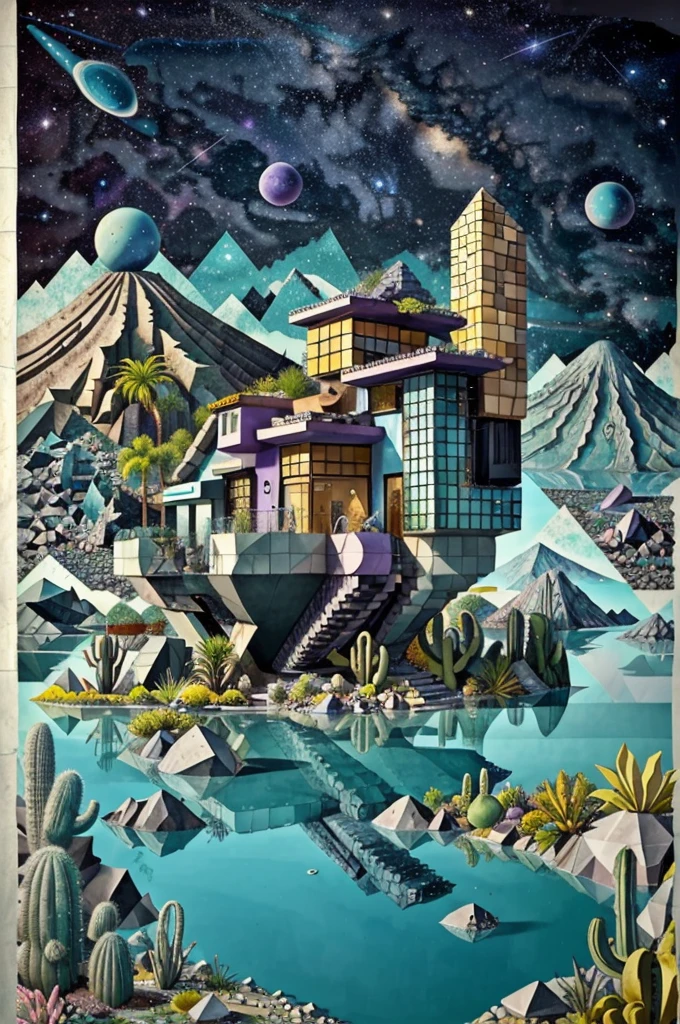 An illustration, collage style, David Hockney visual style, (((Luis Barragán's architectural style houses in middle of a lake))), big boulders, little cascade, mountains, volcanos, volcanic landscape, pool, stairs, beautiful gardens, abundant vegetation, cacti, agave, big clouds, sunset. Magazine cover, serif tipography, editorial design, masterpiece, An illustration in collage style, con rocas gigantes, Brutalist construction sections, escaleras, cactus, agave, textura de concreto, Multiple geometric shapes, hatch and cross hatching, planeta Saturno. ((masterpiece, best quality)),illustration,ultra detailed 8k. (((An illustration of a build designed by Luis Barragán))), with a desertic vegetation garden, (big rocks), ((cacti)), lake, volcano in horizon, smooth clouds, (((illustration collage format))), ((Escher's art style)), (((multiple sections))), (violet, blue, olive green, grey, black and white), hard shadows, (((geometric sculptures))), concrete sculptures, high contrast, dramatic, cinematographic, ((milky way galaxy)), intricate, intricate details, sharp focus,landscape