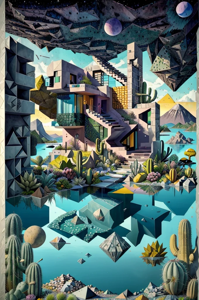 An illustration, collage style, David Hockney visual style, (((Luis Barragán's architectural style houses in middle of a lake))), big boulders, little cascade, mountains, volcanos, volcanic landscape, pool, stairs, beautiful gardens, abundant vegetation, cacti, agave, big clouds, sunset. Magazine cover, serif tipography, editorial design, masterpiece, An illustration in collage style, con rocas gigantes, Brutalist construction sections, escaleras, cactus, agave, textura de concreto, Multiple geometric shapes, hatch and cross hatching, planeta Saturno. ((masterpiece, best quality)),illustration,ultra detailed 8k. (((An illustration of a build designed by Luis Barragán))), with a desertic vegetation garden, (big rocks), ((cacti)), lake, volcano in horizon, smooth clouds, (((illustration collage format))), ((Escher's art style)), (((multiple sections))), (violet, blue, olive green, grey, black and white), hard shadows, (((geometric sculptures))), concrete sculptures, high contrast, dramatic, cinematographic, ((milky way galaxy)), intricate, intricate details, sharp focus,landscape