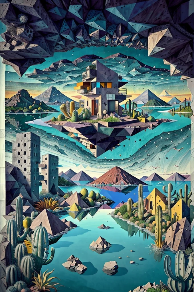 An illustration, collage style, David Hockney visual style, (((Luis Barragán's architectural style houses in middle of a lake))), big boulders, little cascade, mountains, volcanos, volcanic landscape, pool, stairs, beautiful gardens, abundant vegetation, cacti, agave, big clouds, sunset. Magazine cover, serif tipography, editorial design, masterpiece, An illustration in collage style, con rocas gigantes, Brutalist construction sections, escaleras, cactus, agave, textura de concreto, Multiple geometric shapes, hatch and cross hatching, planeta Saturno. ((masterpiece, best quality)),illustration,ultra detailed 8k. (((An illustration of a build designed by Luis Barragán))), with a desertic vegetation garden, (big rocks), ((cacti)), lake, volcano in horizon, smooth clouds, (((illustration collage format))), ((Escher's art style)), (((multiple sections))), (violet, blue, olive green, grey, black and white), hard shadows, (((geometric sculptures))), concrete sculptures, high contrast, dramatic, cinematographic, ((milky way galaxy)), intricate, intricate details, sharp focus,landscape