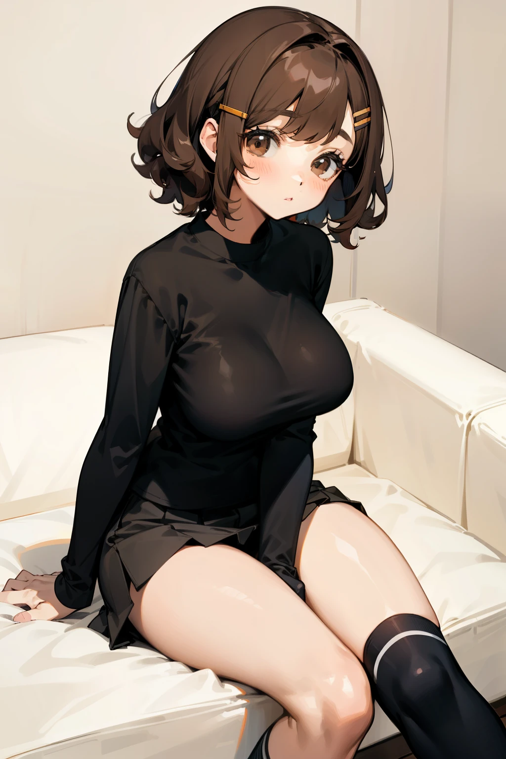 Cute girl, short curly brown hair, brown eyes, hair clip, loose black long-sleeved t-shirt, very short gray skirt, black tight socks, big breasts, sitting