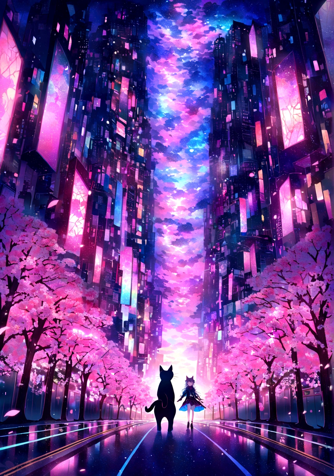 , A cat stands in a breathtaking street , Vibrant cherry blossoms and enchanting cherry blossom trees々Surrounded by a kaleidoscope of, (Walk along a road lined with blooming cherry blossoms:1.2),(Skyscraper:0.6) ,The starry sky above is lit up with strange, colorful hues of light., Creates a fantastic atmosphere