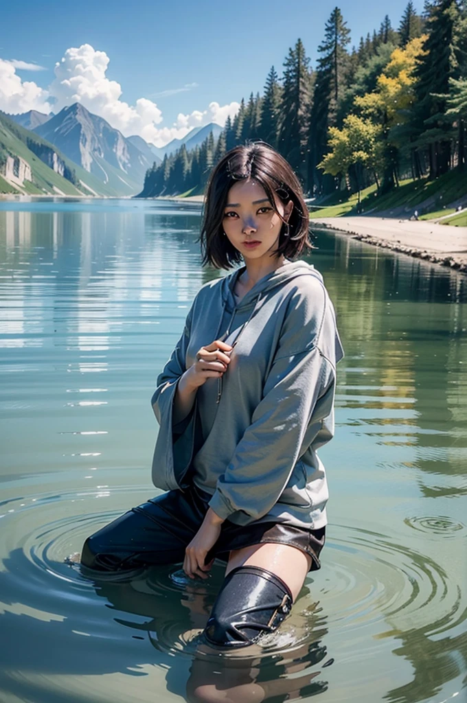 8K,Photorealistic,Masterpiece,Volumetric lighting, Octane Rendering, Trending on Art Station, Masterpiece: The Endless Lake,The water reflecting the blue sky