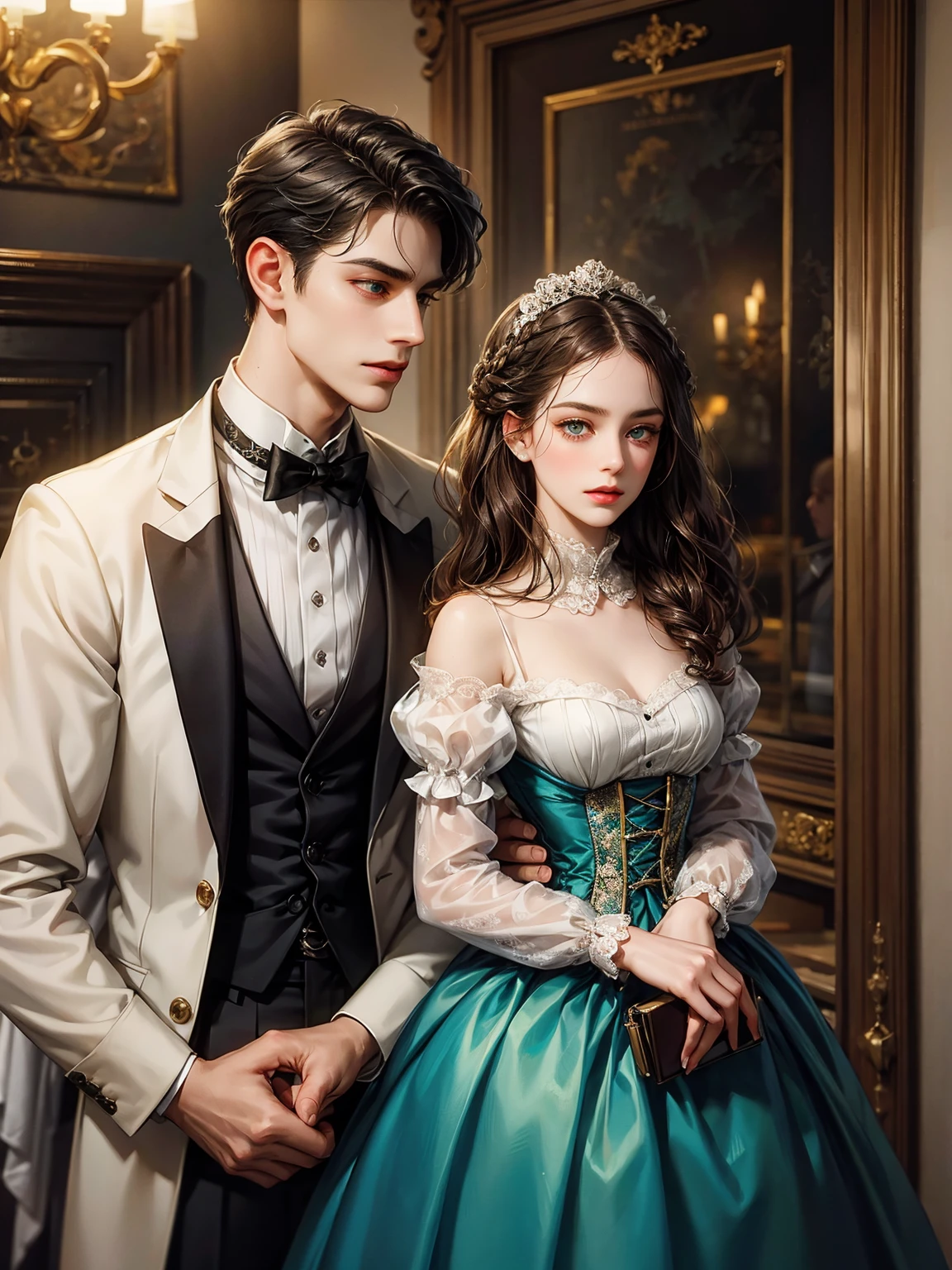 Couple, 1 girl 1 boy. Different hair color, chignon black hair and green eyes, small breast, victorian era unglued dress, short black hair, wavy hair and (sky blu eyes) , male Victorian era dress. They look at the viewers. Background inside of a hall
