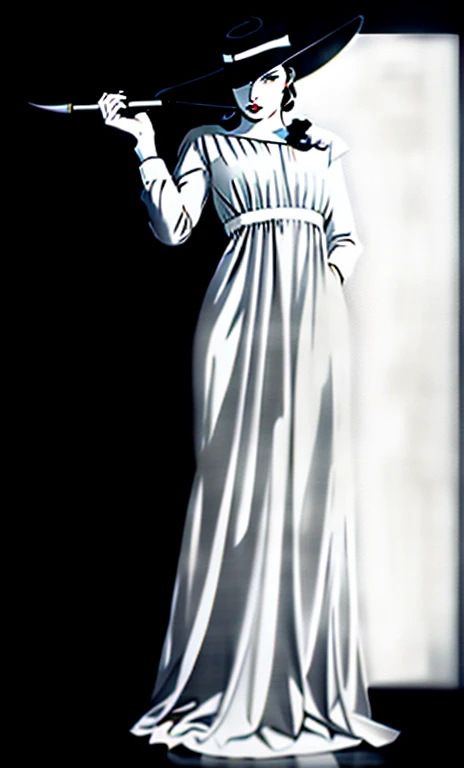 (Masterpiece Art:1.1), (Best Quality), Woman with WHITE GLAMOROUS VINTAGE SQUARE NECK DRESS LONG SLEEVES dress and lipstick, WIDE BRIMMED BLACK HAT, LADY DIMITRISCU, PALE, greybackground, Art style by Patrick Nagel, Beautiful, highly detailed painting, (highly detailed slopes), (Detailed face), (Detailed eyes:1.1) modelshoot, Professional Photography, Official art, Synth Wave, androgyny, 8K, hard disk, High quality, awardwinning, SHORTHAIR, LONG CLAWS ON RIGHT HAND, BLACK AND WHITE, MONOCHROME