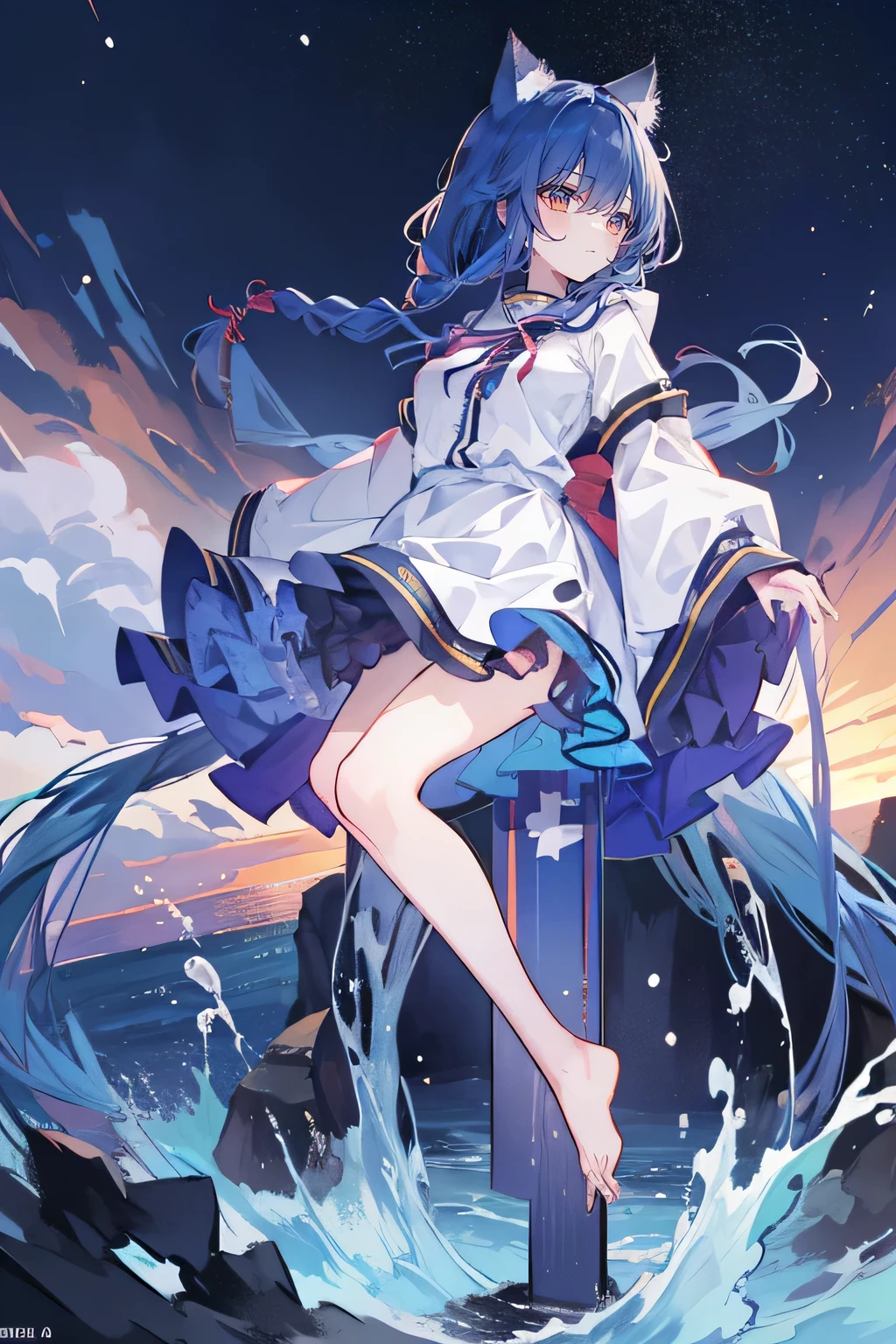 (masterpiece:1.2),Super detailed,lifelike,Expressive eyes,fair skin,perfect face shape,1 girl,
Japanese comics,Gorgeous blue hair,flowing blue hair,flowing clothes,Cat ears,Petals fall,beautiful lola,Baby Angel,sunrise,
Shaking head with one hand,Cross your legs,Gentle and peaceful background,The pavilion is cool and comfortable,smile, wearing hoodie, background of tokyo,back views,snowing, winter,seaside,wet clothes,A smile,A faint smile,。dark blue gradient hair,asymmetrical hair,((Hair is very thick 1.8,Chiseled hair 1.6)), Hair over the shoulders, Messy hair, Very long hair, shiny hair,(long dark blue hair:1.2),A beautiful girl,(Transparent clothes transparent 1.8),Perfect body,Big thin legs,slender,(Looks very sad,Looks haggard ,sadness,shut your mouth:1.2) Against the backdrop of an unusually bright dark starry sky,(Put your hands behind your back),(round,Room, Strong breasts),barefoot,float,water surface,(long legs,long legs,long legs,Completefgo style,like \(destiny\), like Adult, hair length, underwear, masterpiece, Top quality, 1 Girl, looking at the audience,(((braid)))、shameful face、Embarrassed face、Long body、huge 、