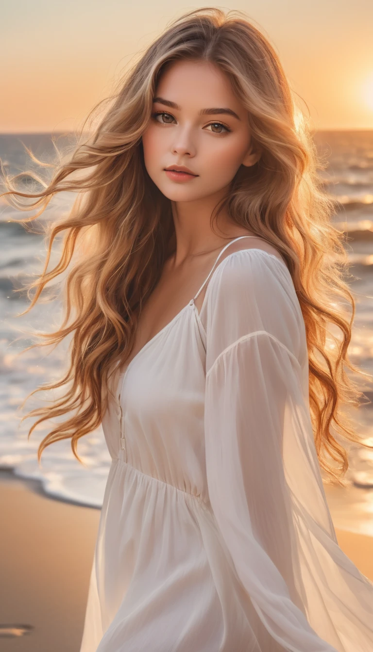 sunset beach, golden hour, closeup portrait photo of a young woman with flowing hair, wearing a white sundress, soft lighting, natural makeup, serene expression, ocean waves in the background