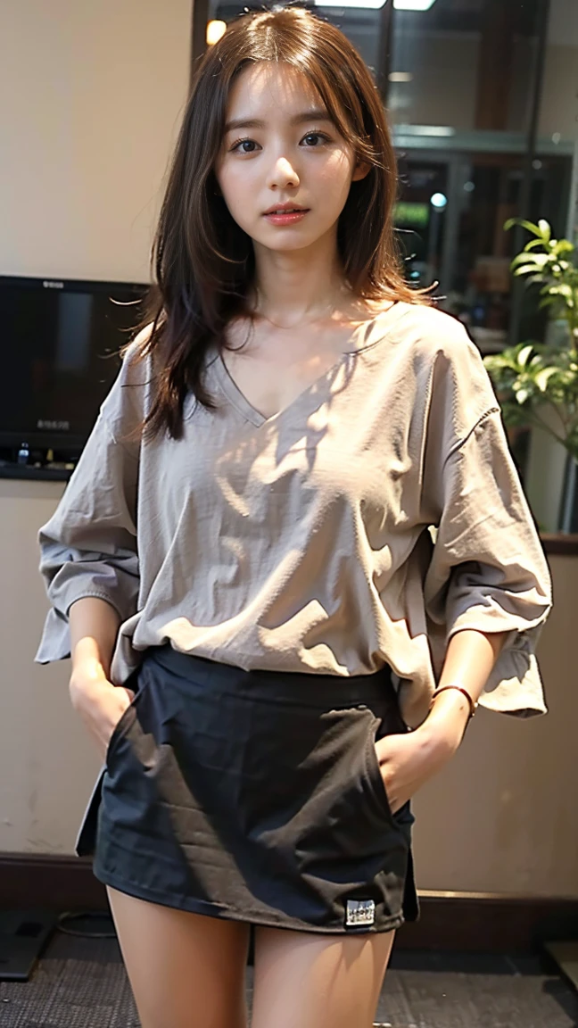 (8K、RAW Photos、Highest quality、masterpiece:1.2)、(Realistic、Realistic)、1 Girl、((one piece、mini skirt、Big Breasts、I can see your chest、View from the front、Stand with hands on hips、In the city))、