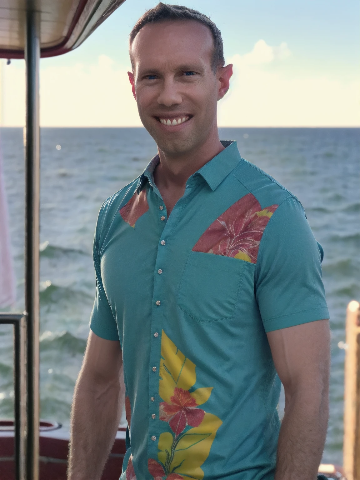 a man, Todder8, Todder1 short hair, perfect skin, RAW, UHD, 8K, looking at camera, on a yacht at sea, vacation photography, island paradise, colorful Hawaiian shirt, photorealistic, dynamic lighting, perfect day, [smiling]