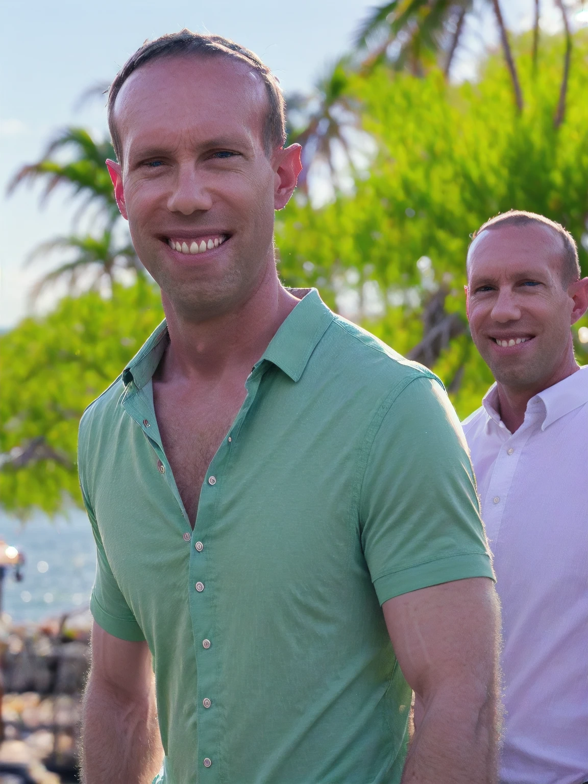 a man, Todder8, Todder1 short hair, perfect skin, RAW, UHD, 8K, looking at camera, on a yacht at sea, vacation photography, island paradise, colorful Hawaiian shirt, photorealistic, dynamic lighting, perfect day, [smiling]