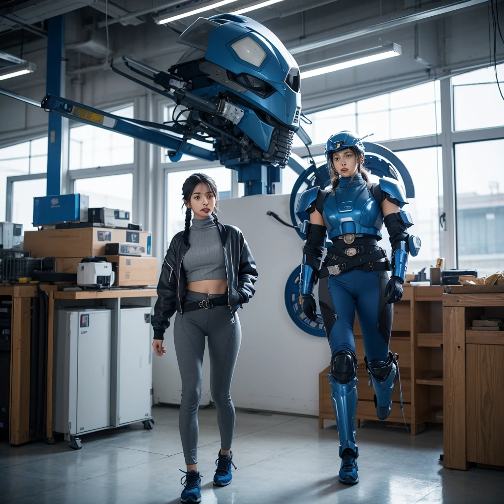 A dynamic model walking pose. The beautiful (Korean-Indian) mechanical-worker lady with (short braided hair), dressed in (blue) mecha armor. Inside wearing grey turtle neck shirt, outside wearing an unzip blue detailed mecha-crop jacket with giant arms and fingers, big blue headphone, blue helmet. Black utility belt, grey legging. Walking stylishly in the factory with many equipments view.