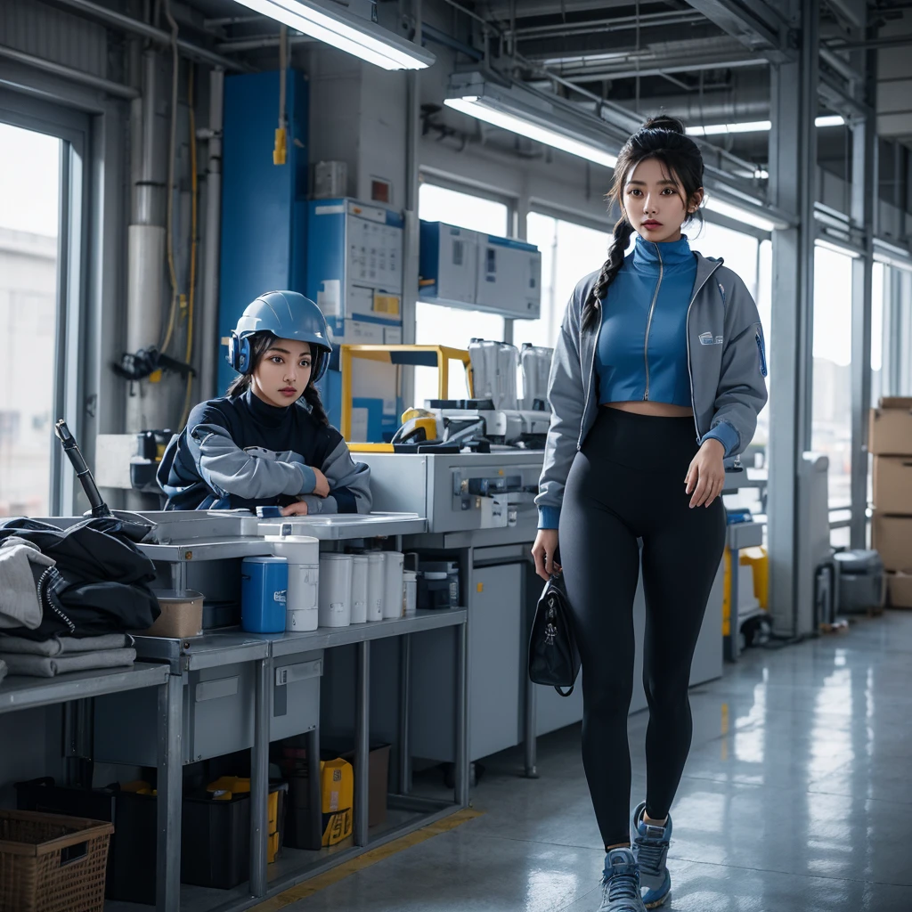 A dynamic model walking pose. The beautiful (Korean-Indian) mechanical-worker lady with (short braided hair), dressed in (blue) mecha armor. Inside wearing grey turtle neck shirt, outside wearing an unzip blue detailed mecha-crop jacket with giant arms and fingers, big blue headphone, blue helmet. Black utility belt, grey legging. Walking stylishly in the factory with many equipments view.