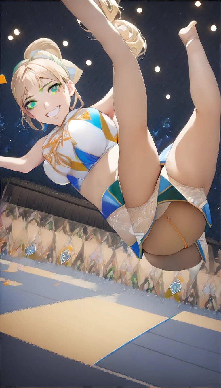 ((Highest quality)), ((masterpiece)), Anime Style、Perfect Face, 1girl, Blonde、ponytail、Green Eyes、Large Breasts、Cheerleader Costumes, Dynamic Angle、smile、front、In a large stadium-like gymnasium、Logo on the floor、night、Watching Sporticro Mini Skirt,With arms outstretched、legs up、Ass Focus、panties