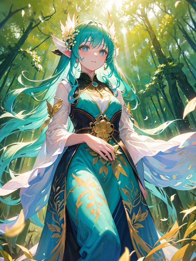 Forest Fairy、woman、Seven-colored feathers、One-piece dress with flower decoration、Long ears、Gorgeous Accessories、The wind blows from below、in the forest、Sunlight filtering through the trees、Sparkling、delicate、Petals fluttering、Upper body close-up