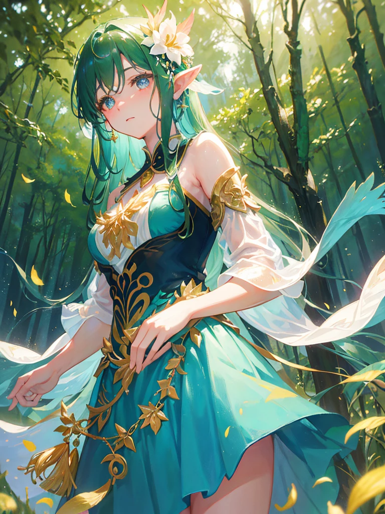 Forest Fairy、woman、Seven-colored feathers、One-piece dress with flower decoration、Long ears、Gorgeous Accessories、The wind blows from below、in the forest、Sunlight filtering through the trees、Sparkling、delicate、Petals fluttering、Upper body close-up