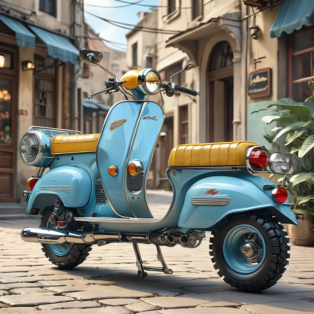 (masterpiece, best quality:1.2), Cute future vehicle, Mopeds, Highly detailed、Ultra-realistic retro, Solitary