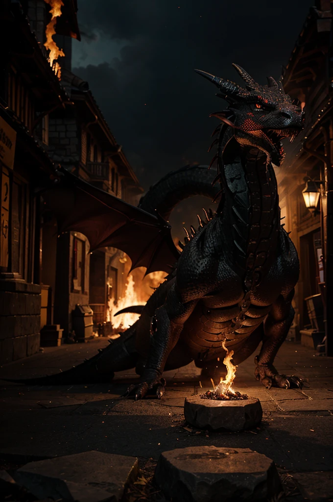 Make a black dragon that breathes fire around the village