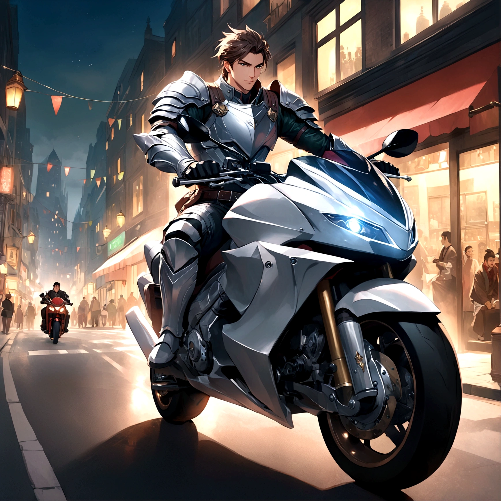 A man riding a motorcycle,With a long sword in hand,1boy,armor,horse riding,Male focus,City Streets,arms