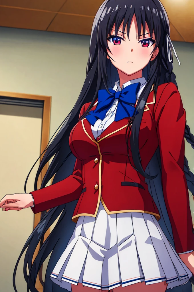 (masterpiece:1.3), (best quality:1.1), (8k, ultra detailed, ultra high res:1.1), ((anime style)), perfect 5 fingers, perfect anatomy, perfect finger,
1girl,
Suzune Horikita,
Suzune Horikita \(youjitsu\),
BREAK long hair, braid,
black hair,
red eyes, (focus detailed eyes:1.2),
blue bow,
medium breasts,
red jacket, long sleeves, white skirt, pleated skirt, black thigh-high socks,
BREAK looking at viewer, (upper body:1.2), indoor,
