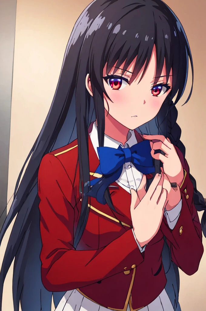 (masterpiece:1.3), (best quality:1.1), (8k, ultra detailed, ultra high res:1.1), ((anime style)), perfect 5 fingers, perfect anatomy, perfect  finger, 
1girl,
Suzune Horikita, 
Suzune Horikita \(youjitsu\),
BREAK long hair, braid, 
black hair, 
red eyes, (focus detailed eyes:1.2), 
blue bow, 
medium breasts, 
red jacket, long sleeves, white skirt, pleated skirt, black thigh-high socks, 
BREAK looking at viewer, (upper body:1.2), indoor, 