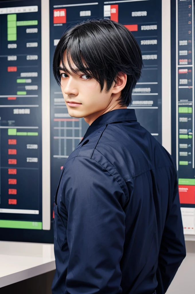 Create a anime photo in which a men is standing halnds folded and behind many charts are there of different stocks