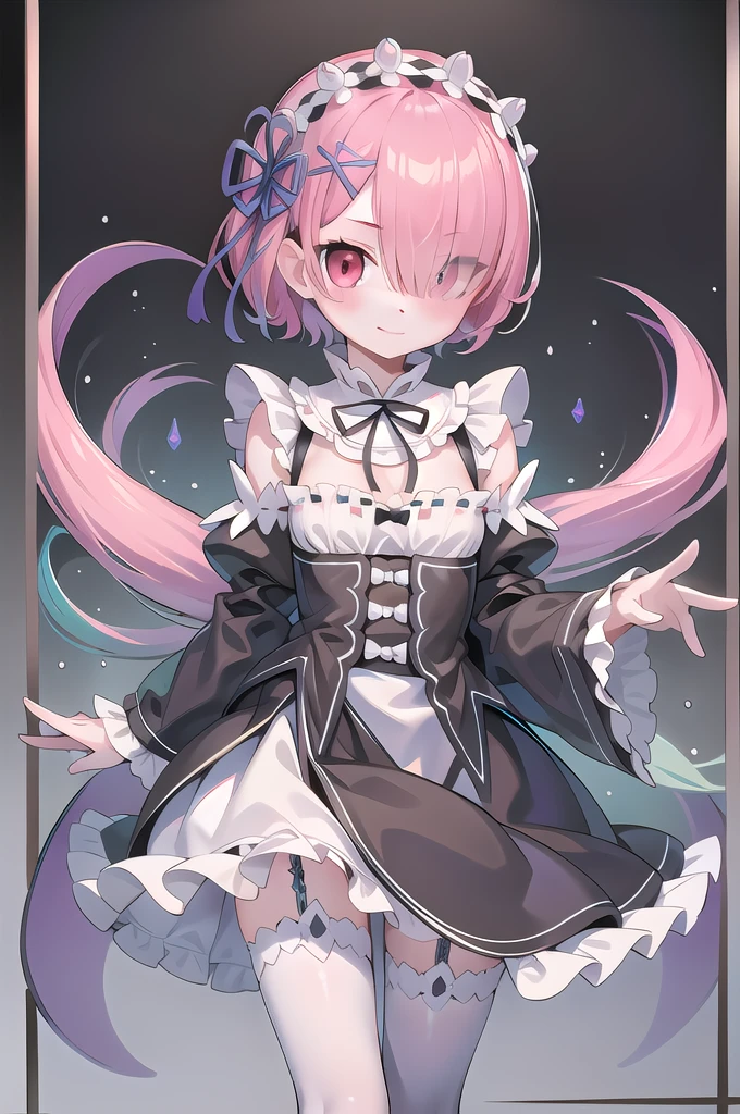 1girl,solo,full body,standing,(beautiful fingers),masterpiece,best quality,(Ultra high definition eyes:1.2),8k,(Beautiful detailed eyes:1.2),(Fine and beautiful eyes:1.2),(pretty eyes:1.2),finely detail,extremely CG, absurdres,high resolution,illustration,Detailed and beautiful outlines,finely detail,high resolution,(colorful refraction:1.4,Increase saturation:1.2),beautiful lighting,dynamic lighting,closed room,black background,simple background, smile,looking at viewer,ram1,ram \(re:zero\), pink hair, white thighhighs, short hair, red eyes, hair over one eye, ribbon trim, hair ribbon, x hair ornament, frills, maid headdress, waist apron, garter straps, black ribbon, small breasts, long sleeves, white apron, neck ribbon, purple ribbon, wide sleeves, hair flower,