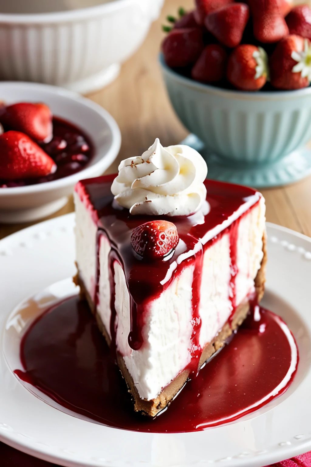 photorealistic image, trending on Pinterest, New York-style cheesecake adorned with a generous layer of strawberry compote and a dusting of powdered sugar