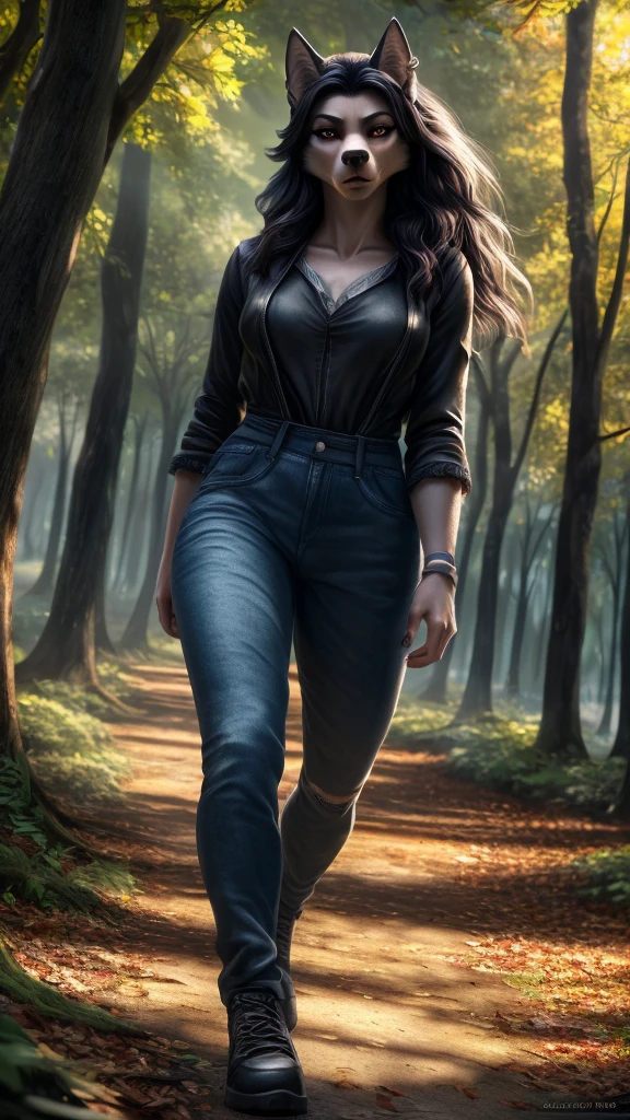 a hellhound girl with beautiful detailed eyes, beautiful detailed lips, extremely detailed face, long eyelashes, wearing tight jeans, walking in a park with many trees, (best quality,4k,8k,highres,masterpiece:1.2),ultra-detailed,(realistic,photorealistic,photo-realistic:1.37),concept art, vibrant colors, dramatic lighting, dramatic atmosphere