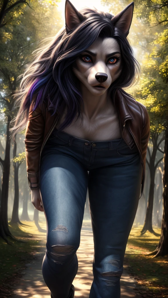 a hellhound girl with beautiful detailed eyes, beautiful detailed lips, extremely detailed face, long eyelashes, wearing tight jeans, walking in a park with many trees, (best quality,4k,8k,highres,masterpiece:1.2),ultra-detailed,(realistic,photorealistic,photo-realistic:1.37),concept art, vibrant colors, dramatic lighting, dramatic atmosphere