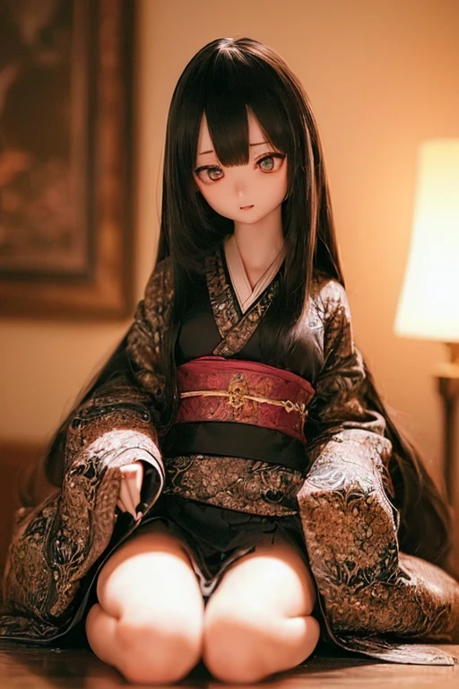 (SFW:2), photorealistic, realistic photo, ((highest quality)), ((masterpiece)), ((extremely detailed)), kukolnydom, doll, (mature woman, 21yo, 21 years old:1.7), solo, ((from front, seiza, skinny, slender, slim, kimono, obi, obidome, hair ornament)), green eyes, parted lips, (black hair, long hair, looking at another, almond eyes, blank eyes, empty eyes, detailed eyes, detailed clothes:1.3), Japanese room, 8k