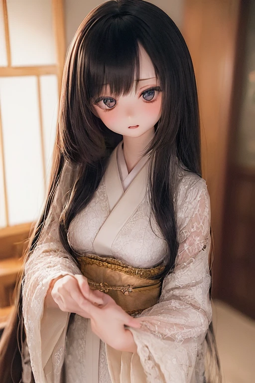 (SFW:2), photorealistic, realistic photo, ((highest quality)), ((masterpiece)), ((extremely detailed)), kukolnydom, doll, (mature woman, 21yo, 21 years old:1.7), solo, ((from front, seiza, skinny, slender, slim, kimono, obi, obidome, hair ornament)), green eyes, parted lips, (black hair, long hair, looking at another, almond eyes, blank eyes, empty eyes, detailed eyes, detailed clothes:1.3), Japanese room, 8k