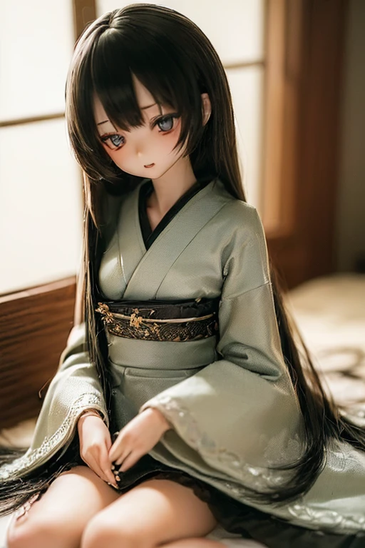 (SFW:2), photorealistic, realistic photo, ((highest quality)), ((masterpiece)), ((extremely detailed)), kukolnydom, doll, (mature woman, 21yo, 21 years old:1.7), solo, ((from front, seiza, skinny, slender, slim, kimono, obi, obidome, hair ornament)), green eyes, parted lips, (black hair, long hair, looking at another, almond eyes, blank eyes, empty eyes, detailed eyes, detailed clothes:1.3), Japanese room, 8k